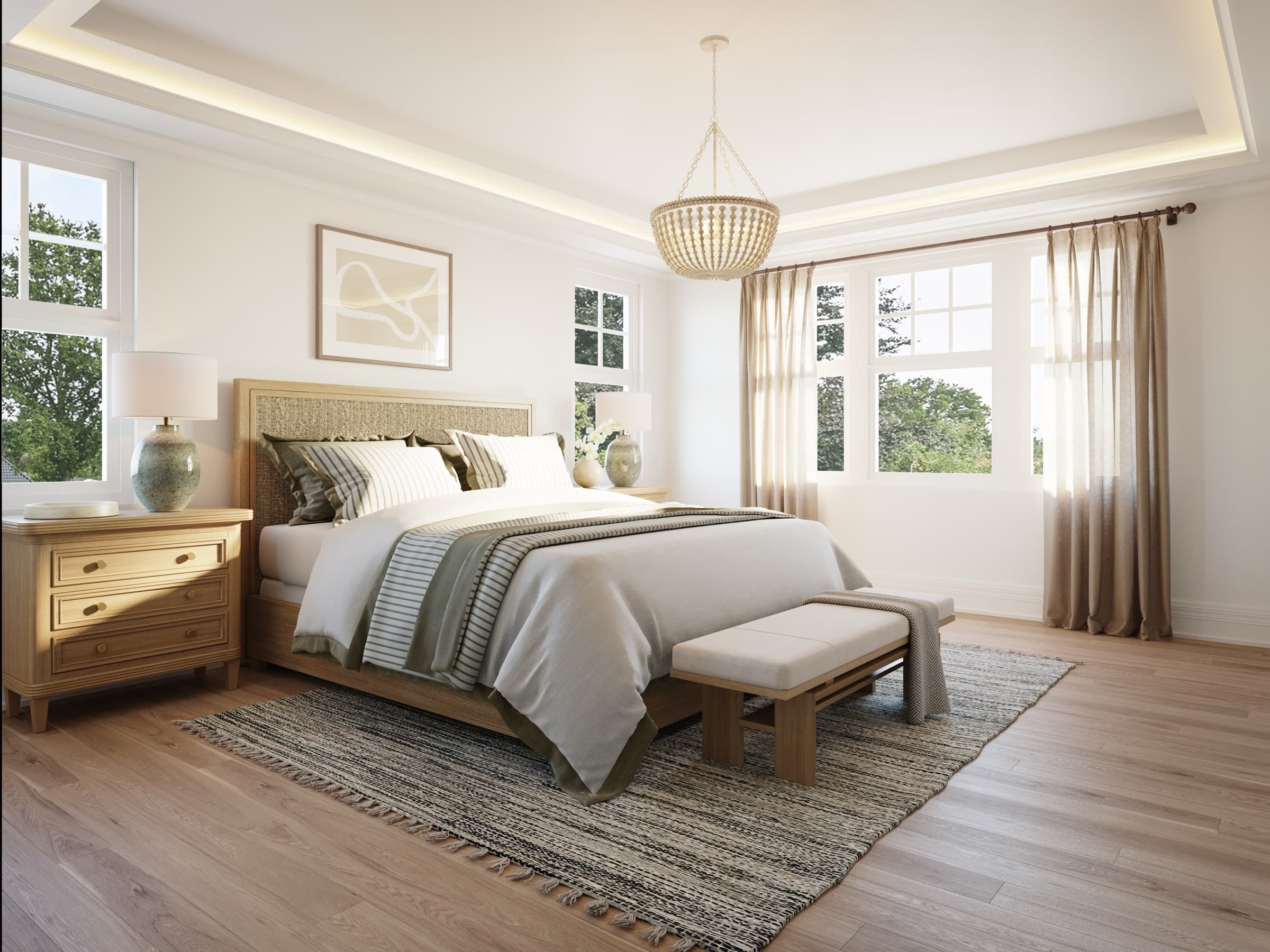 Primary bedroom with a wood bed, bench, layered rug and drum pendant in a Kennebunk, Maine home