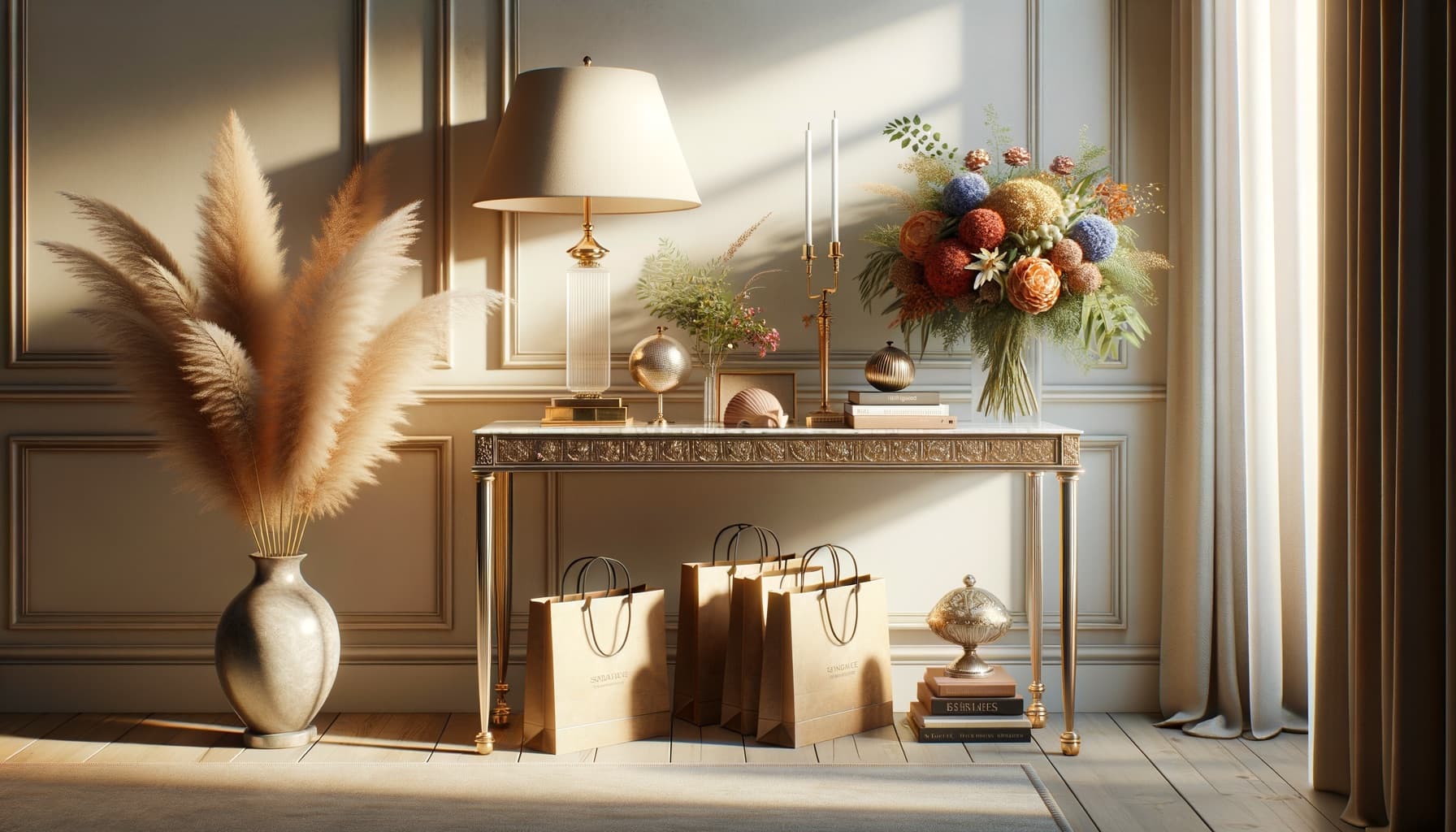 Styled console table with a lamp, vase and shopping bags